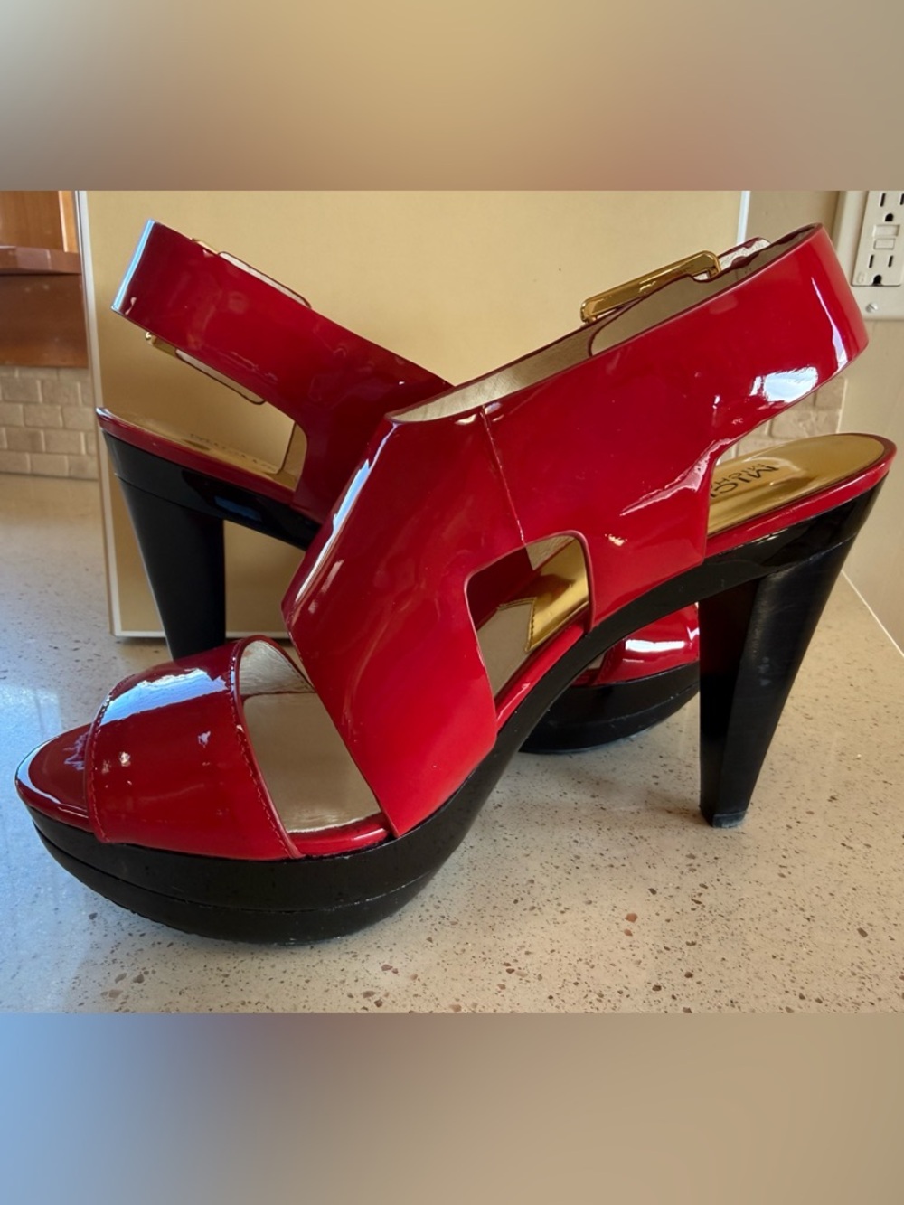 MICHAEL Michael Kors Red Patent Platform Sandals with Cutout Strap